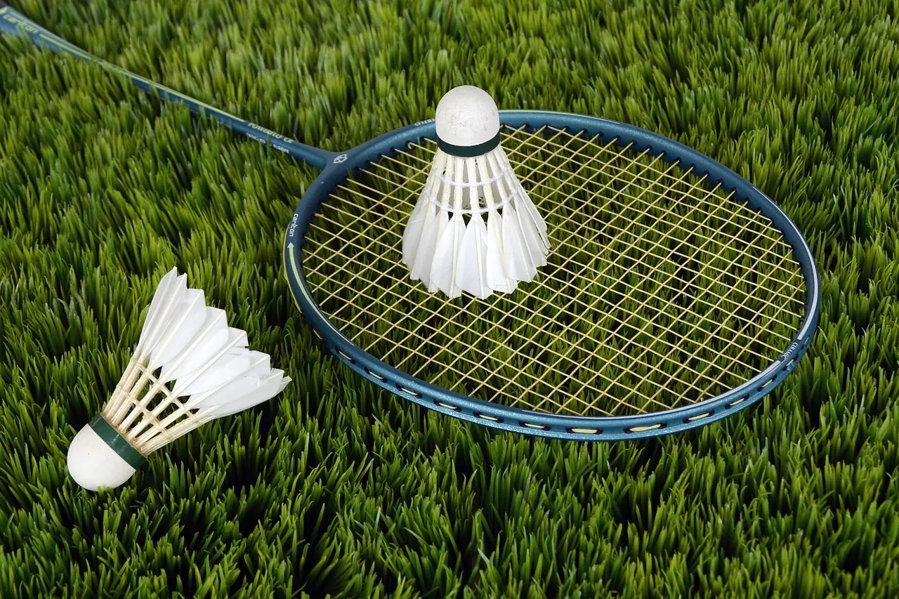Badmintonketcher og fjerbolde på græs